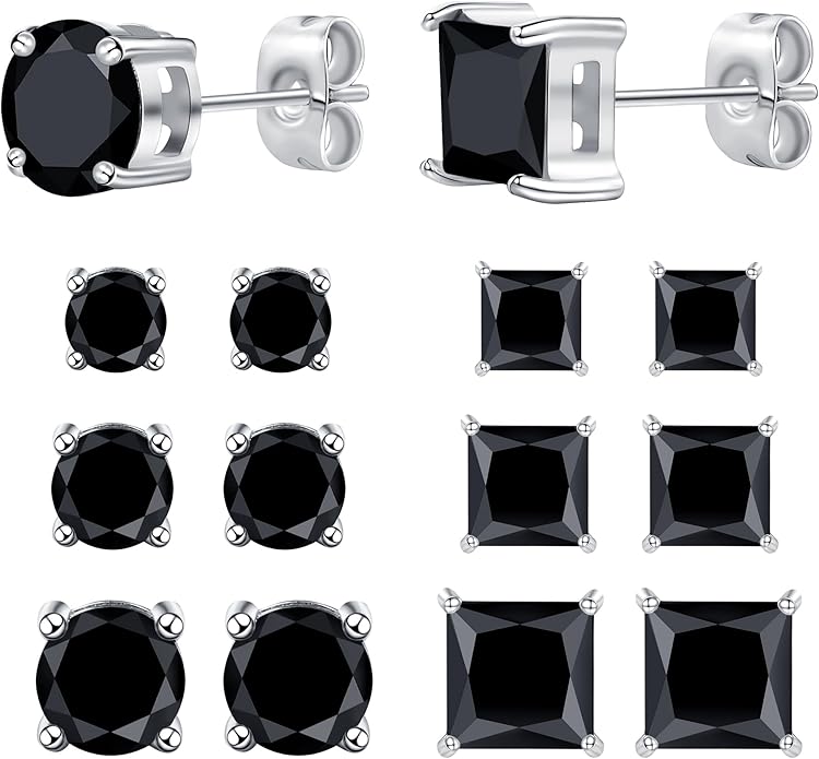 MDFUN 6 Pairs Stud Earrings Set 3mm/5mm/7mm Princess & Round Cubic Zirconia Earrings Hypoallergenic 316L Surgical Stainless Steel CZ Earrings for Women Men
