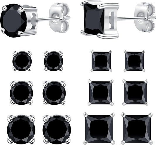 MDFUN 6 Pairs Stud Earrings Set 3mm/5mm/7mm Princess & Round Cubic Zirconia Earrings Hypoallergenic 316L Surgical Stainless Steel CZ Earrings for Women Men