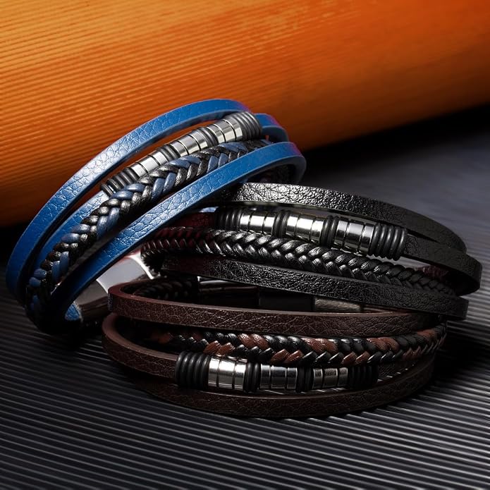 Mens Leather Bracelet Multi Layer – Braided Black Wristband with Stainless Steel Clasp, Minimalist Stylish Jewelry for Men, Everyday Wear Brown Black Blue