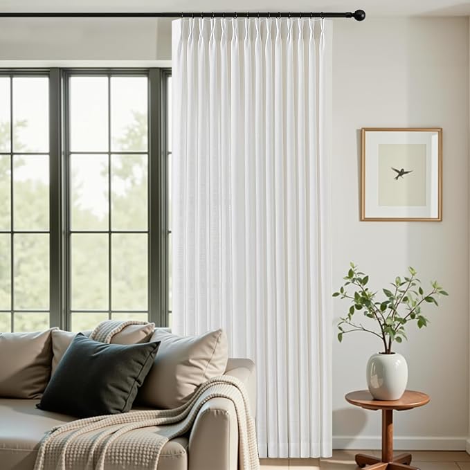 Snow White Pinch Pleated Curtains 96 inches long for Living Room, Semi Sheer Privacy Linen Blended Curtain Memory Trained Back Tab Drapes with Rings Hooks for Bedroom Office, 2 Panels, W40xL96