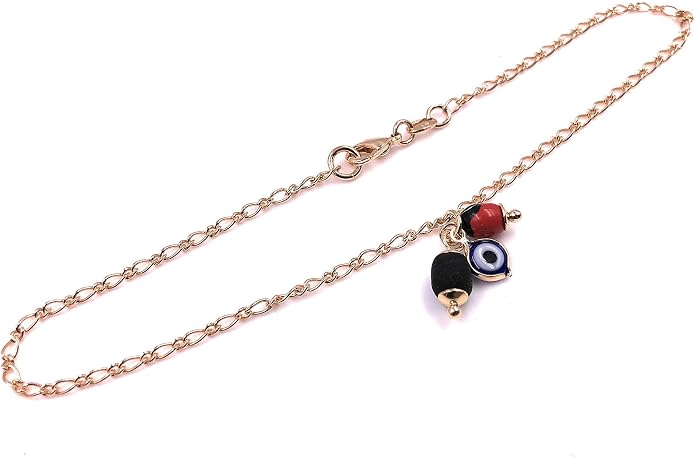 SIFRIMANIA Anklets for Women 18K Gold Plated Figaro Chain Jet Stone and Evil Eye Charm