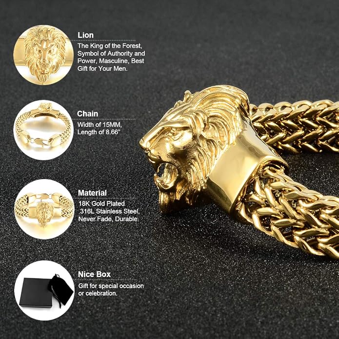 Mens Bracelet Stainless Steel Heavy 12mm Double Franco Chain Lion Head Bracelet Jewelry Men Biker…