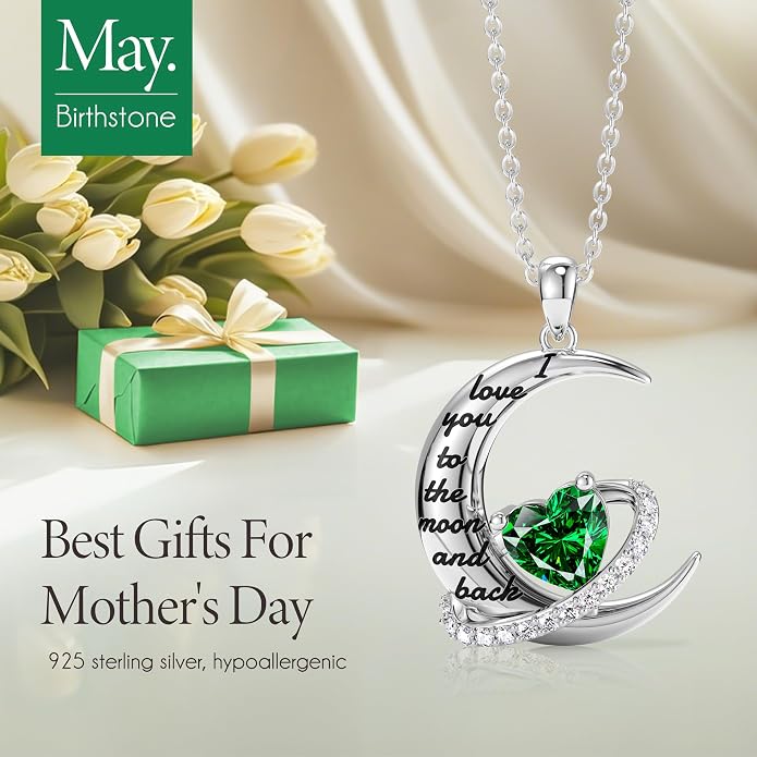 Distance I Love You to The Moon and Back Necklace for Women, S925 Sterling Silver Forever Love Heart Birthstone Necklace, Anniversary Birthday Jewelry for Wife Lover