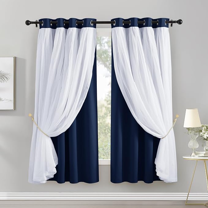 PONY DANCE Blackout Curtains with Sheer - Decorative 2 Layers Voile Crushed Drapes Elegant Window Covering for Bedroom Decor, 52 x 63 inches, Navy Blue, Pack-2