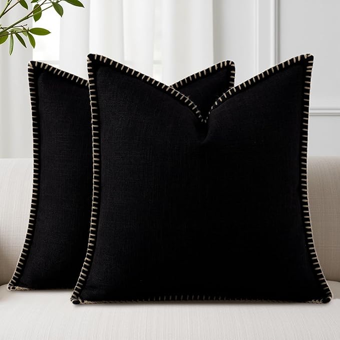 decorUhome Black Faux Linen Outdoor Throw Pillow Covers 26x26 Set of 2 | Fall Decorative Textured Neutral Modern Farmhouse Pillow Covers with Stitched Edge for Couch Sofa Bed Living Room