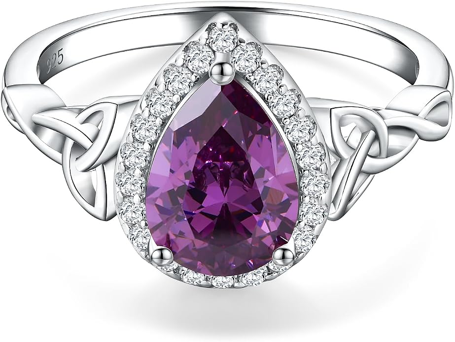 DAYBYDAY Celtic Birthstone Rings for Women 925 Sterling Silver Heart/Round/Pear/Oval Created Gemstone Moissanite Halo Engagement Promise Rings for Her Wife Birthday Anniversary Wedding Jewelry