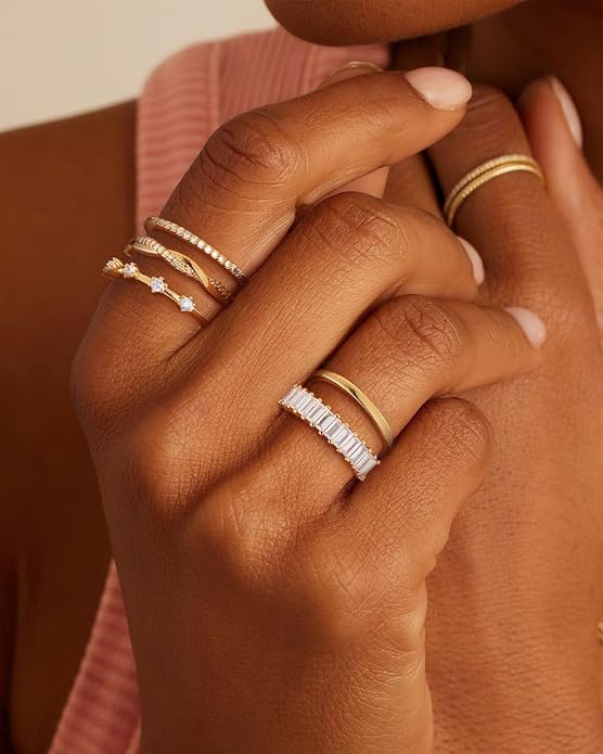 Stackable Silver/Gold Rings for Women Non Tarnish Trendy Dainty 14K Gold Plated Stacking Cubic Zirconia Thumb Ring Set Minimalist Promise Wedding Bands Engagement Rings for Women Size 6-10