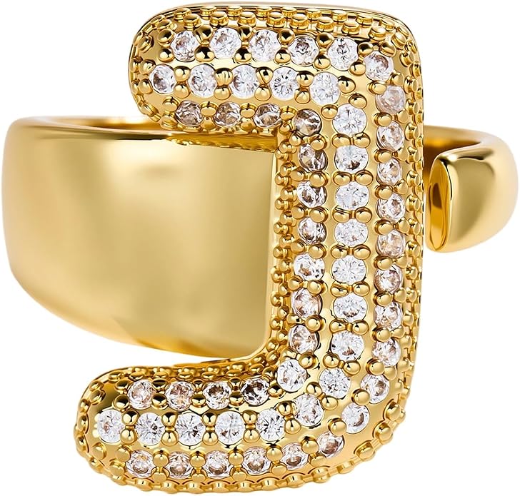 Cicy Bell Initial Rings for Women 14k Gold Plated Cubic Zirconia Delicate Letter Chunky Statement Open Rings Gifts for Her