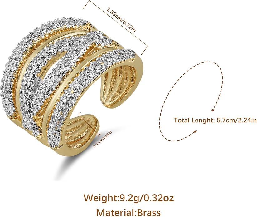 HZMAN 14K Gold Plated Brass Open Ring Collection for Women, Non-Adjustable Crystal Inlay Statement Rings, Wide Band Cocktail Jewelry Assorted Styles