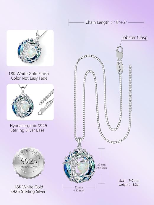 TOUPOP Tree of Life Birthstone Necklace Sterling Silver Pendant Birthstone Necklaces with Blue Crystal Anniversary Birthday Jewelry for Women Mom Wife Her