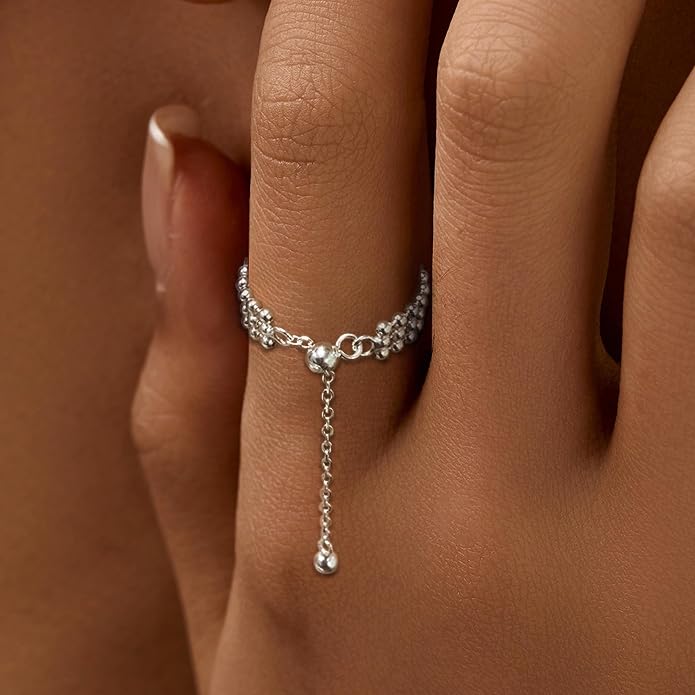 925 Sterling Silver Link Chain Fidget Rings with Dangle Bead Star for Women 14k Gold Plated Adjustable Sparkling Twist Rope Ring Stackable Line Finger Ring Jewelry Christmas Gifts for Mom