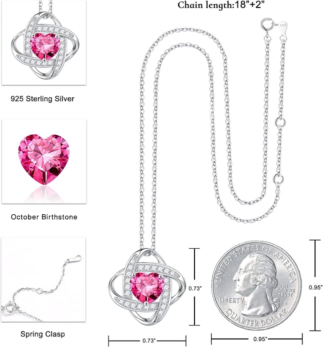 Iefil 925 Sterling Silver Love Knot Birthstone Necklace, Anniversary Birthday Gifts for Women, Jewelry Gift for Wife Mom Girlfriend Daughter