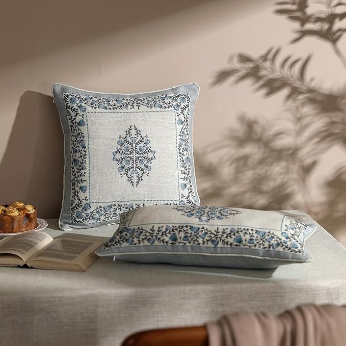ISAENNE Designer Linen Throw Pillow Cover,Set of 2,18"x18"-Segerman A | Elegant Chinoiserie Square Pillow Cover,Concealed Zipper Design,Floral Pattern,Sofas,Bedroom,Living Room,Lounge Chairs