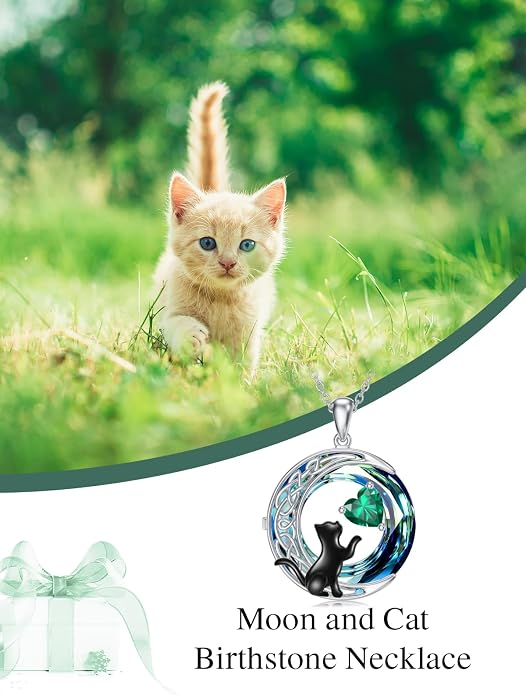 TOUPOP Cat Gifts for Cats Lovers 925 Sterling Silver Black Cat Necklace Celtic Moon Birthstone Jewelry for Women Anniversary Birthday Gift for Her Wife Mom