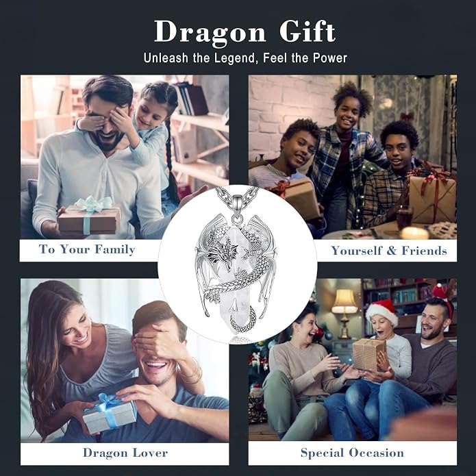 INFUSEU Unique Dragon Necklaces with Healing Crystal Stone for Men Women, Personalized Spiritual Gifts, 24 Inch Chain