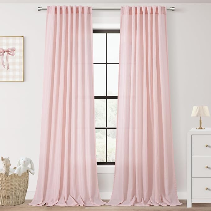 Pink Light Filtering Linen Curtains 63 Inch Length 2 Panels for Girls Bedroom Nursery Soft Drapes Semi Sheer Farmhouse Boho Texture Window Treatment Sets Drapes for Living Room