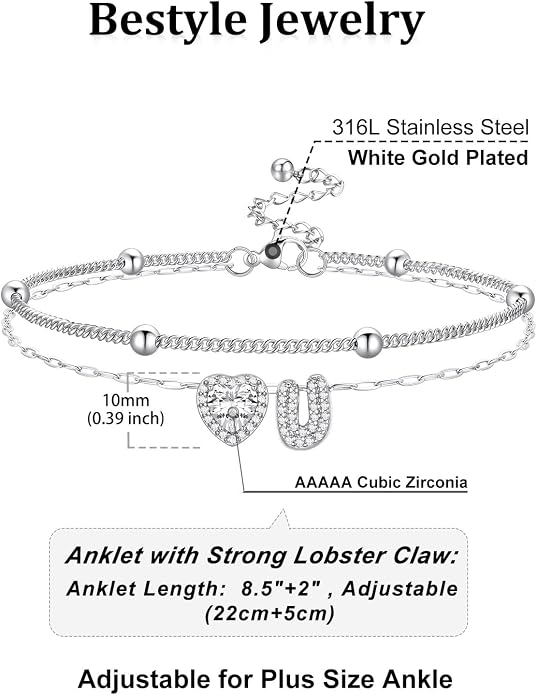 Bestyle Initial Anklet Bracelets for Women Waterproof Non Tarnish 14K Gold/White Gold Plated CZ Anklets for Women Dainty Layered Letter Heart Ankle Bracelets Adjustable Foot Chain Anklet