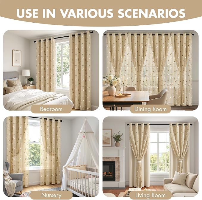 MIULEE Beige Double Layer Curtains 96 Inches Long, Leaf Patterned Sheer Floral Drapes and Blackout Room Darkening Window Curtains for Living Room Bedroom, Grommets Top, 52" W x 96" L, 2 Panels