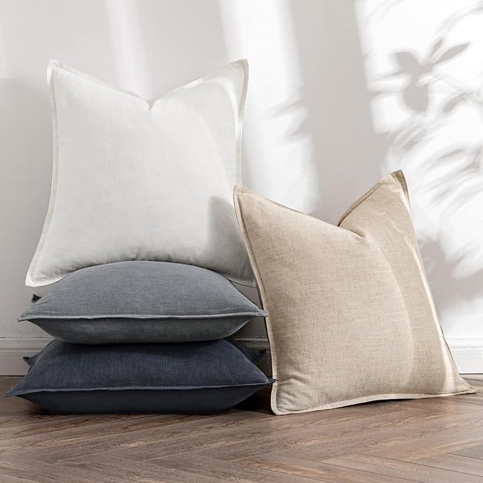 MIULEE Neutral Cream/Gray Boho Linen Pillow Covers 20x20 Inch Pack of 4 | Natural Decorative Throw Pillow Covers Soft Farmhouse Couch Pillowcases Modern Home Decors for Living Room Bed Sofa