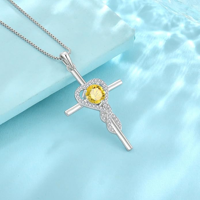 Cross Necklace for Women 925 Sterling Silver Infinity Birthstone Pendant Necklace Religious Christian Jewelry Gifts Wife Mom Her