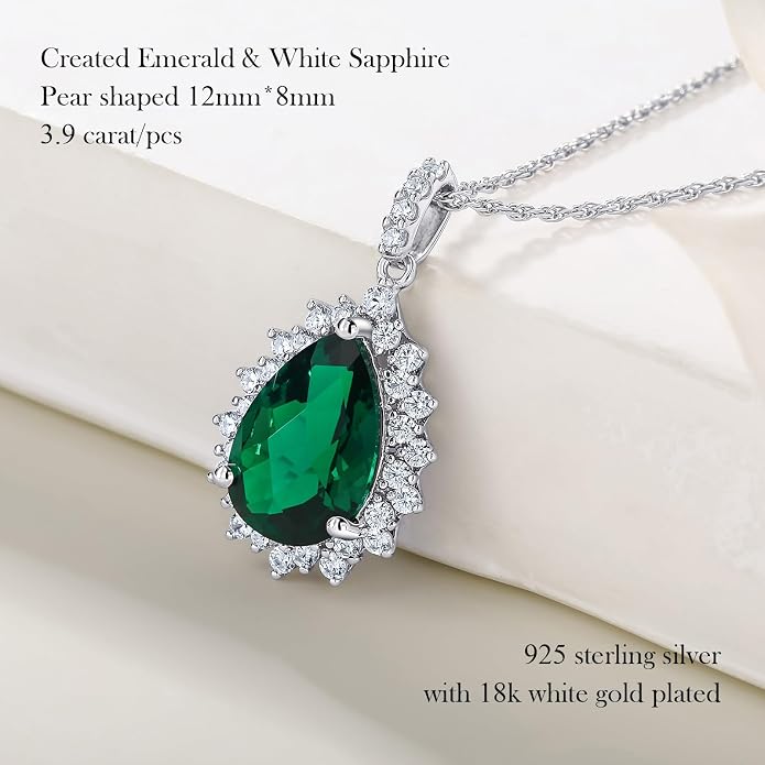 925 Sterling Silver Teardrop Necklace for Women Huge Created Gemstone Solitaire Halo Pendant Pear Cut Birthstone Necklace