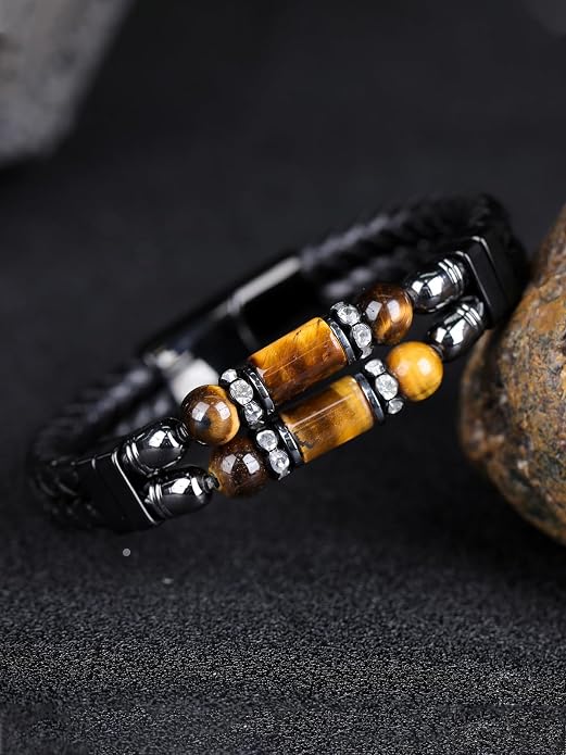 Mens Leather Turquoise/Tiger Eye/Obsidian/Lava Stone Bracelet–Braided Multi‑Layer Wristband Cuff Bangle Barcelet–Jewelry Box and Pouch Packing