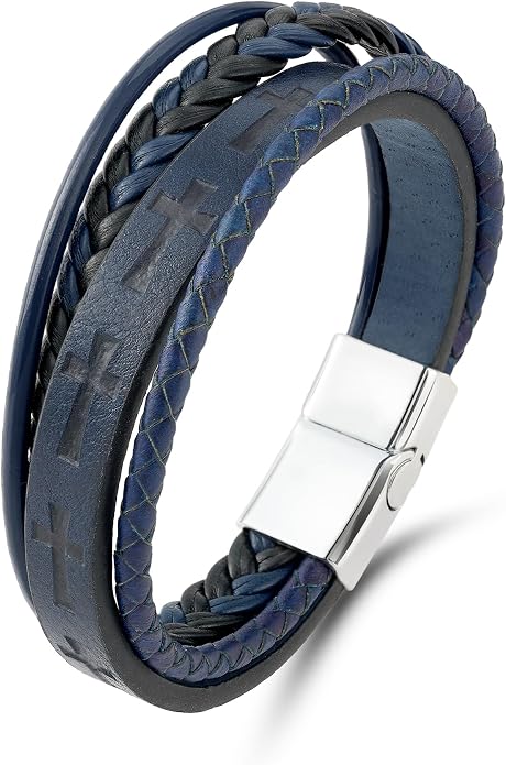 Mens Leather Cross Bracelet Multilayer Braided Wristband Bangle Bracelets with Stainless Steel Buckle Religious Gift for Men Brown/Black/Blue–8.3 inch