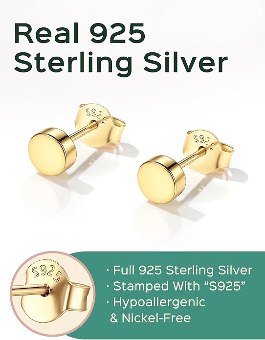 ChicSilver 925 Sterling Silver Earrings Dainty Bar/Circle/Triangle/Star/Ball Stud Earrings for Women with Gift Box, Hypoallergenic Earrings for Sensitive Ears