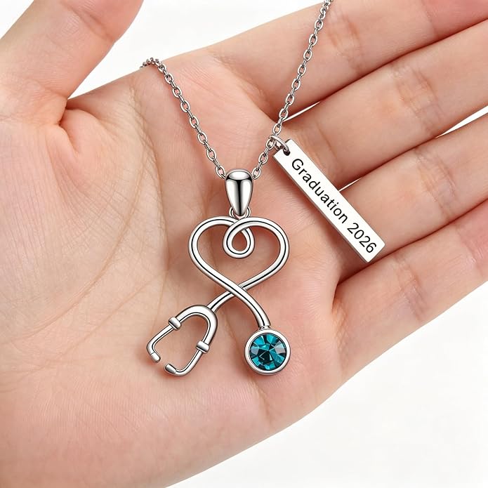 AOBOCO Stethoscope Necklace 925 Sterling Silver Embellished with 12 Months Birthstone Crystals from Austria, Graduation Gifts Medical Jewelry for Doctor Nurse Medical Student RN