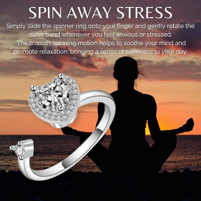Halukakah 18K Gold/Platinum Plated Anxiety Spinning Ring: Stylish Diamond Heart Stress Relief Jewelry with Beads Spinner,Himalaya Salt Added,Size Adjustable,Gift for Women,Teens,Girls,Daughter,and Mom