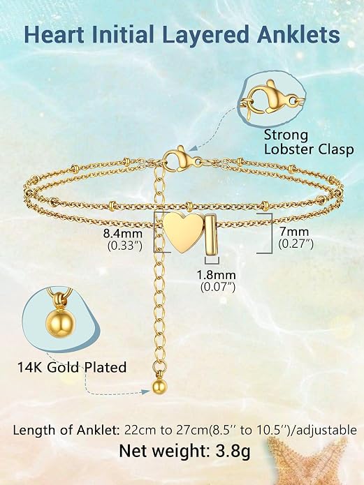 Initial Ankle Bracelets for Women, Dainty Stainless Steel Letter A-Z Layered Anklets, Heart Ankle Bracelet 8.5"-10.5" Adjustable, Summer Beach Jewelry, Come with Box