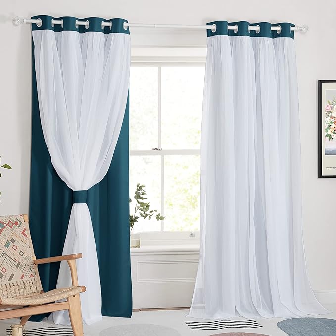 PONY DANCE 2 Layers Curtains Set - Room Darkening Mix & Match Room Darkening Curtains with White Sheer Voile, 52" Wide and 84" Long, Ink Blue, 2 Panels