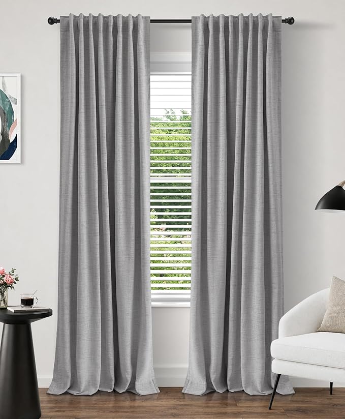 INOVADAY 100% Blackout Curtains 108 Inches Length 2 Panels Set, Back Tab/Rod Pocket Linen Black Out Curtains for Bedroom, Thermal Insulated Window Drapes - Grey, W50 X L108