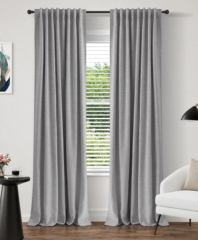 INOVADAY 100% Blackout Curtains 63 Inches Length 2 Panels Set, Back Tab/Rod Pocket Linen Black Out Curtains for Bedroom, Thermal Insulated Window Drapes - Grey, W50 X L63
