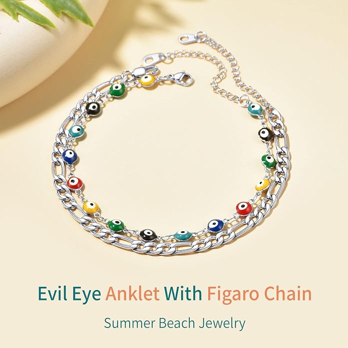 Supcare Evil Eye Anklets for Women,Cuban/Figaro/Mariner/Snake Chain Layered Ankle Bracelet Gifts (with Gift Packing)