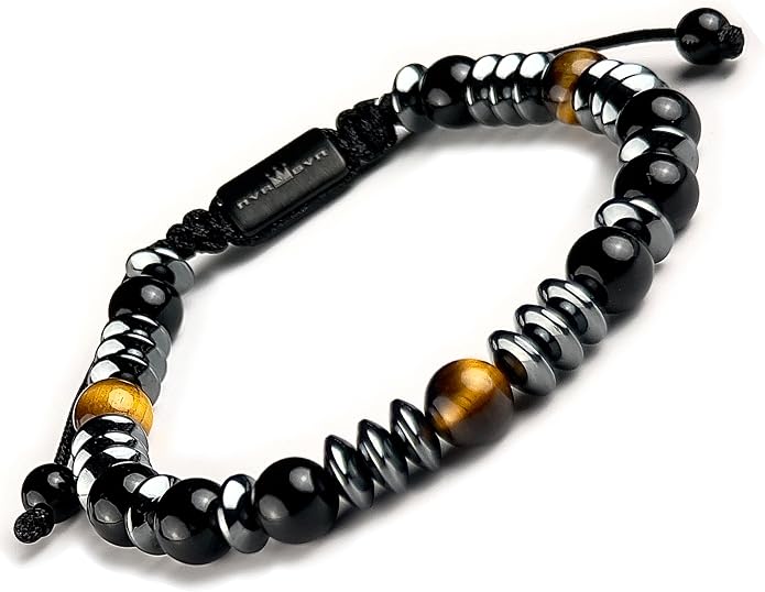 Mens Beaded Bracelet - Stone Jewelry, Black Onyx Hematite Bracelets, Mens Accessories, Adjustable
