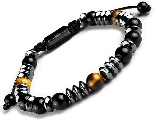 Mens Beaded Bracelet - Stone Jewelry, Black Onyx Hematite Bracelets, Mens Accessories, Adjustable