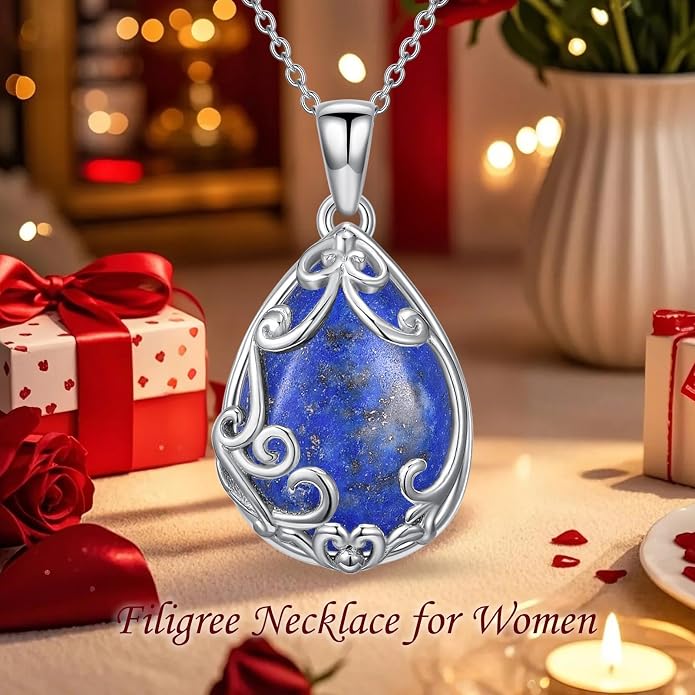 HPQQ Teardrop Necklace 925 Sterling Silver Filigree Gemstone Pendant Necklace Fine Jewelry Birthday Mother's Day Gifts for Women Her Mom