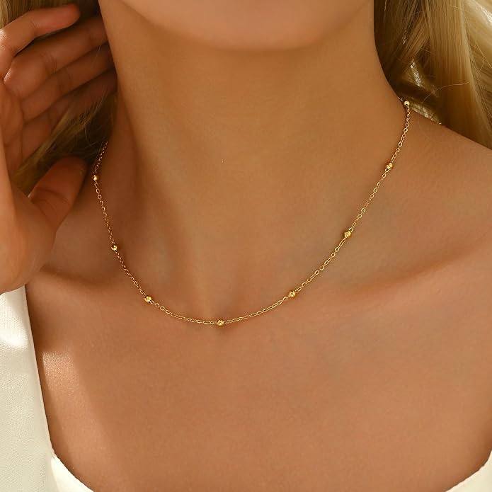 Gold Chain Necklace for Women Dainty Simple Satellite Beaded Twisted Chain Choker Necklace Everyday Jewelry Christmas Gifts