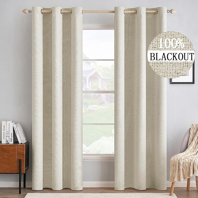 MIULEE 100% Blackout Linen Textured Curtains for Bedroom Solid Thermal Insulated Cream Grommet Room Darkening Curtains & Drapes Luxury Decor for Living Room 42 x 90 Inch (2 Panels)