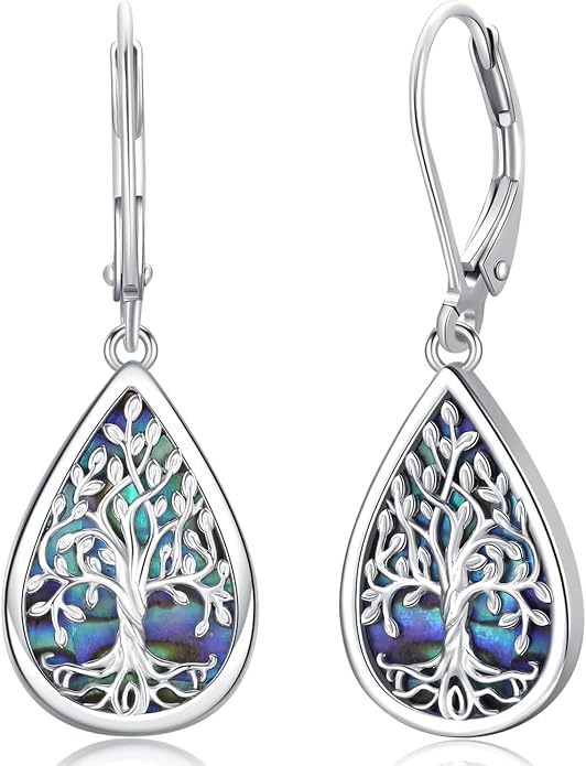Odinstone 925 Sterling Silver Earrings Tree of Life Teardrop Moonstone Dangle Drop Leverback Earrings for Women