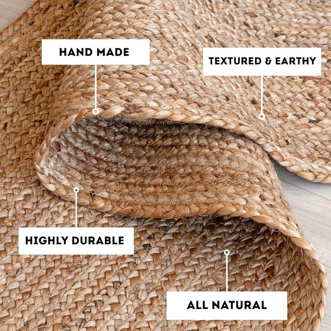 HOMEMONDE 6ft Round Natural Jute Rug - Handwoven Braided Reversible Vintage Area Rug Farmhouse Rustic and Bohemian Eco Friendly Home Décor for Bedroom, Living Room and Kitchen