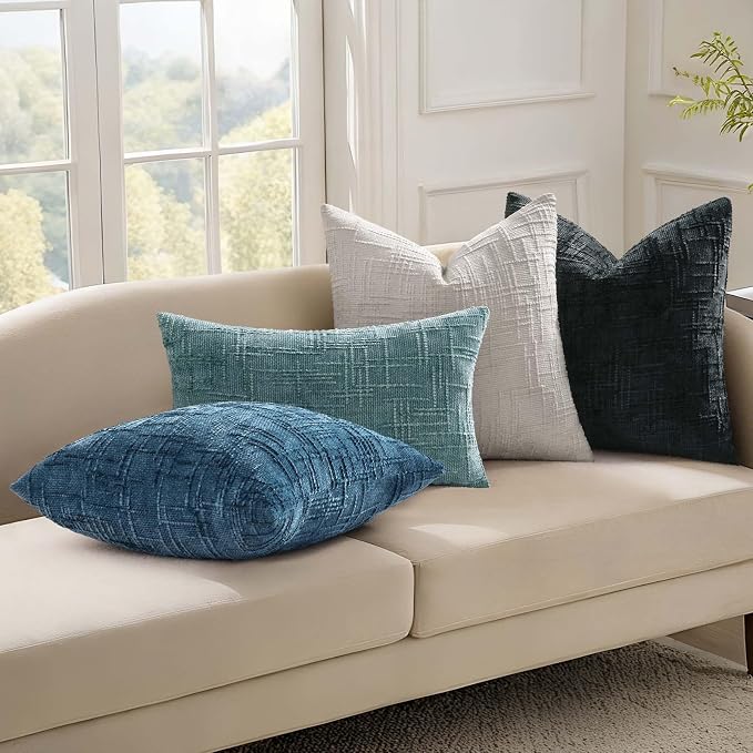 decorUhome Textured Chenille Throw Pillow Covers 20x20 Set of 2 Navy Blue | Fall Modern Farmhouse Soft Cozy Slubby Couch Pillow Cases Boho Decorative Pillow Cases for Bed Sofa Living Room Home Decor