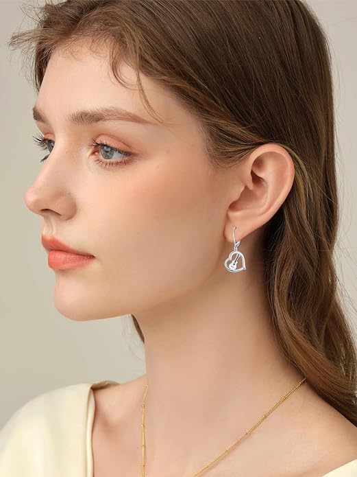 Midari Heart Dangle Earrings 925 Sterling Silver Leverback Drop Earrings Teacher Music Art Jewelry Gifts for Women Students Apple/Guitar/Palette/Note Design