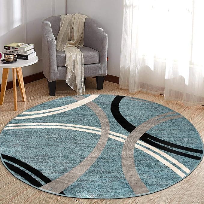 Rugshop Wavy Circles Modern Jute Backing Living Room Round Rug Blue 8'