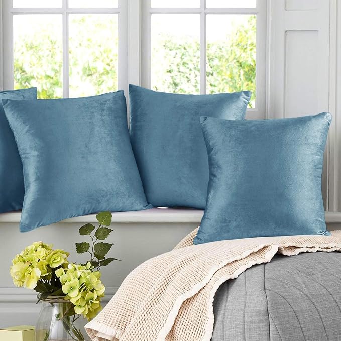 Nestl Throw Pillow Covers, Cozy Velvet Decorative Autumn Pillow Covers 22 x 22 Inches, Soft Solid Couch Pillow Covers for Sofa, Bed and Car, Set of 4 - Blue Heaven