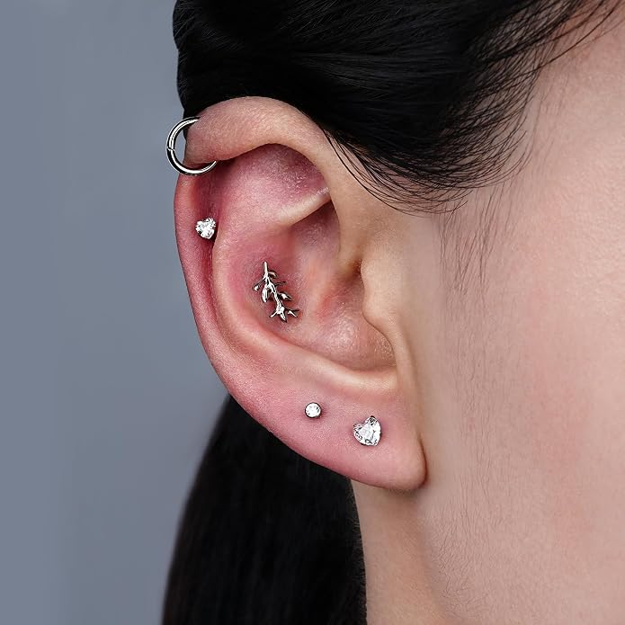FINE4U 1PC Leaf Flat Back Stud Flat, Helix, Conch, Tragus 6mm 8mm - ASTM F136 Titanium Screw on Body Piercing Jewelry