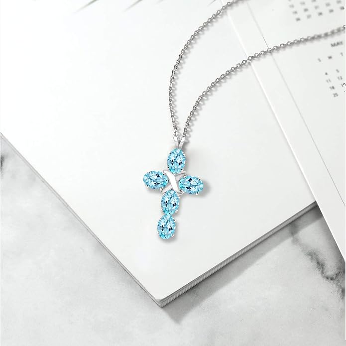 Gem Stone King Cross Pendant Necklace for Women | 925 Sterling Silver | 6X4MM Gemstone Birthstone | Jesus Christian Religious Crucifix Jewelry Gifts | 18 Inch Chain