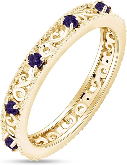 Jewel Zone US Filigree Eternity Wedding Band Ring for Women, Round Cut Simulated Gemstone Stackable Promise Ring in 14K Gold Plated 925 Sterling Silver Band Width 3.5mm – Elegant Jewelry for Her
