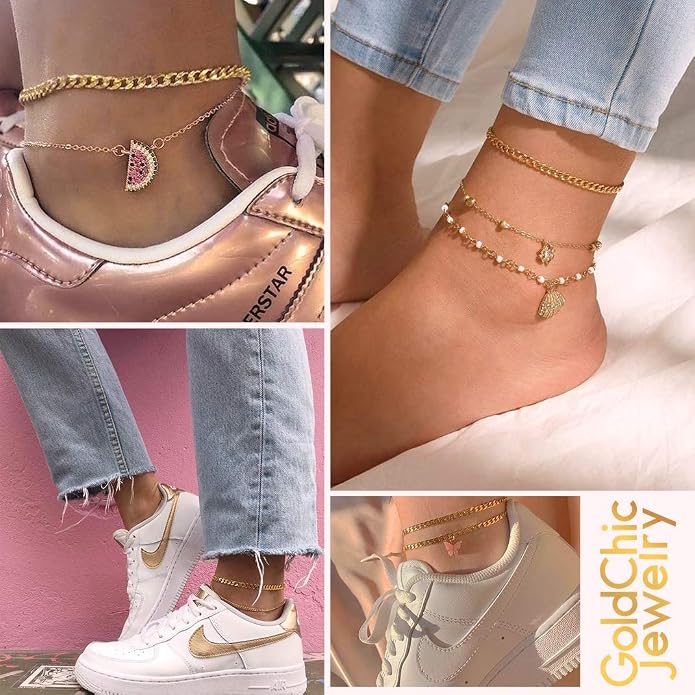 GoldChic Adjustbale Link Chain Anklet for Women Summer Jewelry, 316L Stainless Steel Figaro/Wheat/Twist Rope/Cuban Foot Bracelet-Waterproof, Resizable 9"-12" (Gift Box Included)